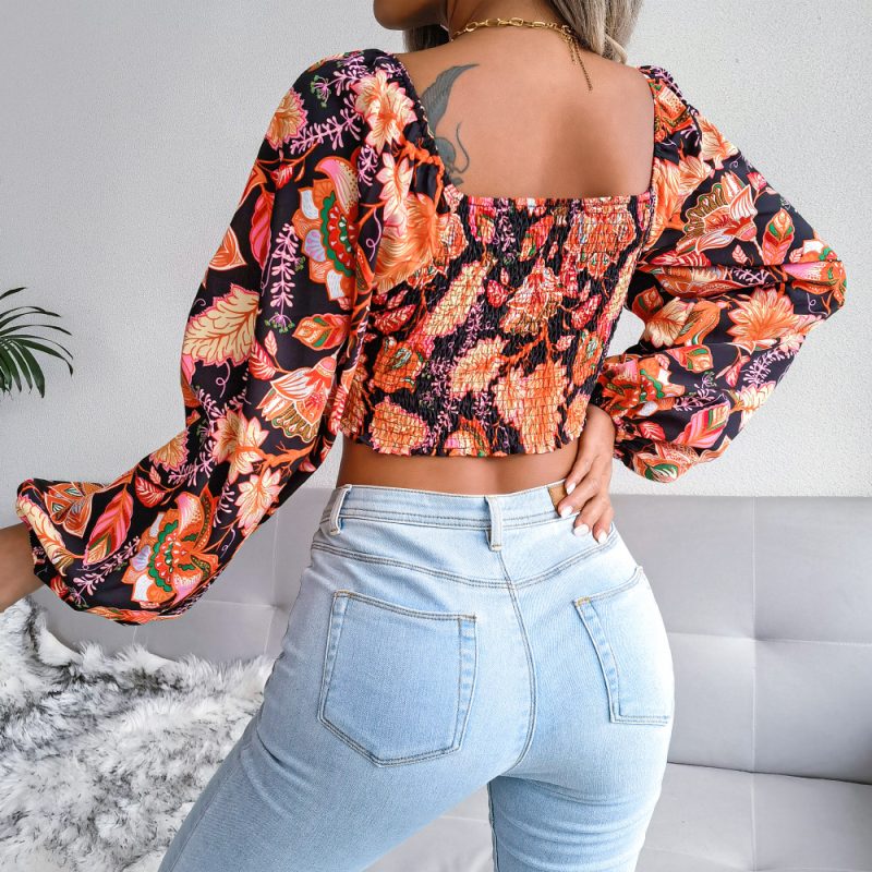 V-neck Lantern Sleeves Long Sleeve Floral Chiffon Shirt Vacation Cropped Top Women Clothing - Image 4