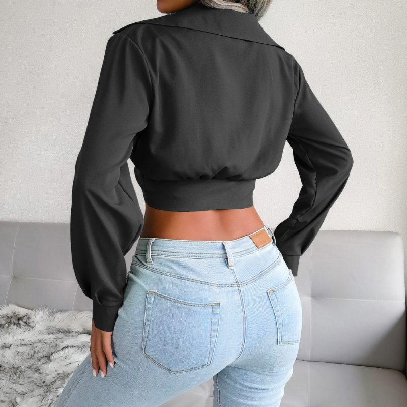 Suit Collar Knotted Shirt Cropped Top Women Clothing Spring Summer - Image 6