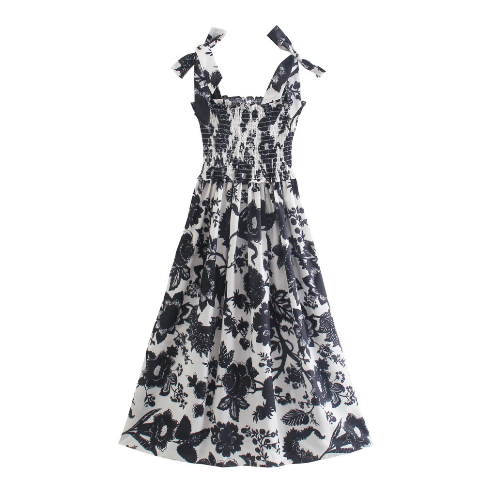 Sundress Women Clothing Summer Bowknot Decoration Printed Stretch Slim Strap Dress Tie Strap