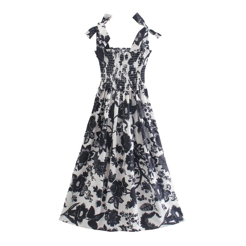 Sundress Women Clothing Summer Bowknot Decoration Printed Stretch Slim Strap Dress Tie Strap