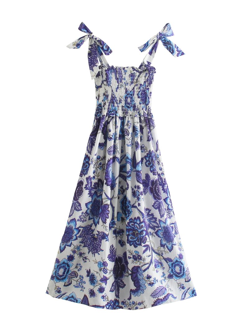 Sundress Women Clothing Summer Bowknot Decoration Printed Stretch Slim Strap Dress Tie Strap - Image 2