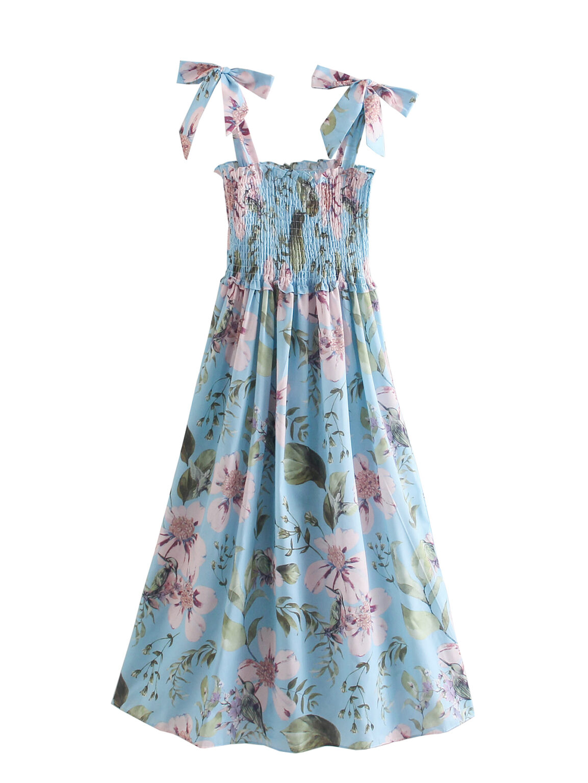 Sundress Women Clothing Summer Bowknot Decoration Printed Stretch Slim Strap Dress Tie Strap - Image 4
