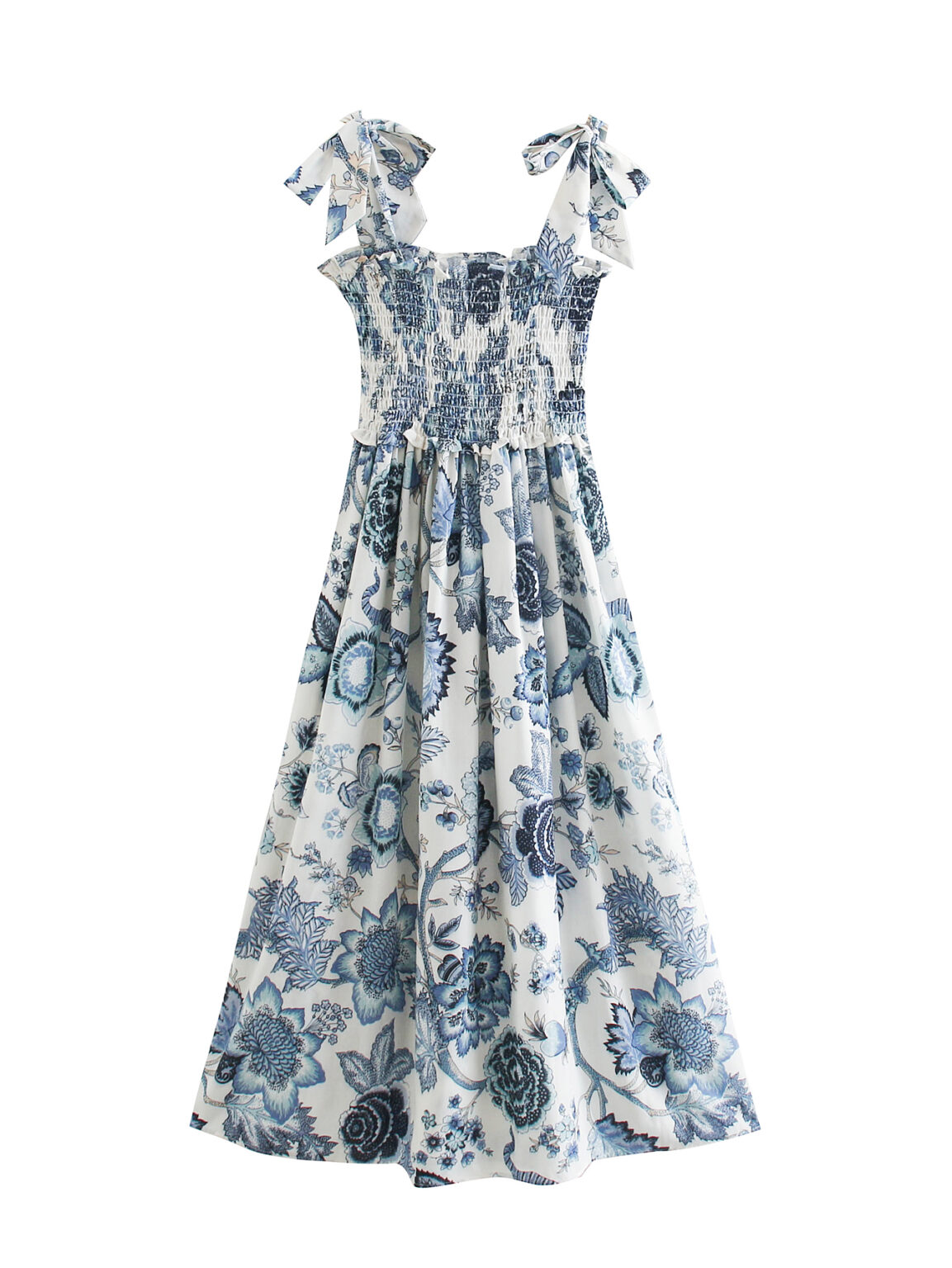 Sundress Women Clothing Summer Bowknot Decoration Printed Stretch Slim Strap Dress Tie Strap - Image 5