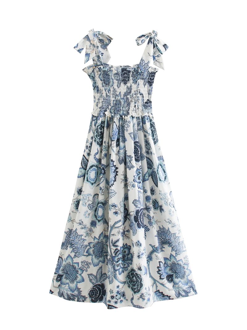 Sundress Women Clothing Summer Bowknot Decoration Printed Stretch Slim Strap Dress Tie Strap - Image 5