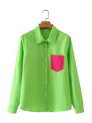 Polo Collar Long Sleeve Single Breasted Color Contrast Patchwork Shirt Top