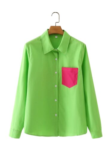 Polo Collar Long Sleeve Single Breasted Color Contrast Patchwork Shirt Top