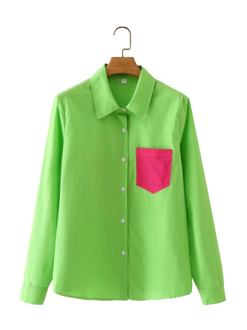 Polo Collar Long Sleeve Single Breasted Color Contrast Patchwork Shirt Top
