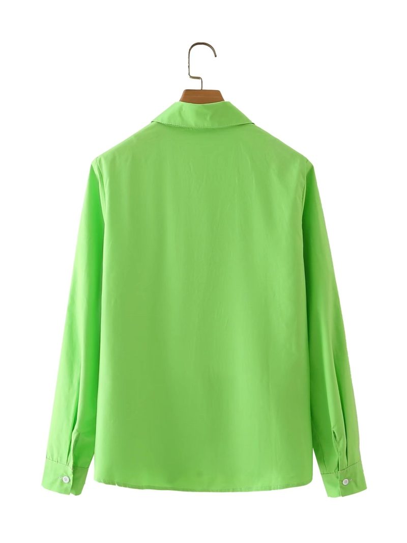 Polo Collar Long Sleeve Single Breasted Color Contrast Patchwork Shirt Top - Image 2