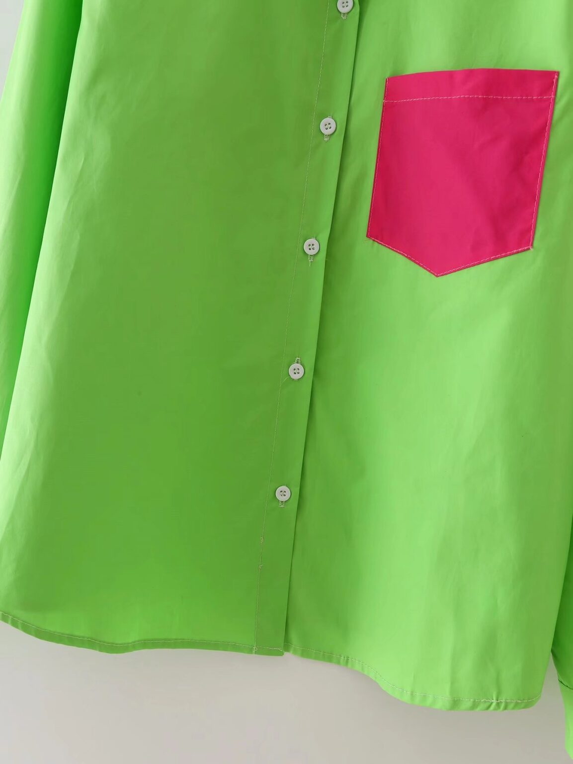 Polo Collar Long Sleeve Single Breasted Color Contrast Patchwork Shirt Top - Image 3