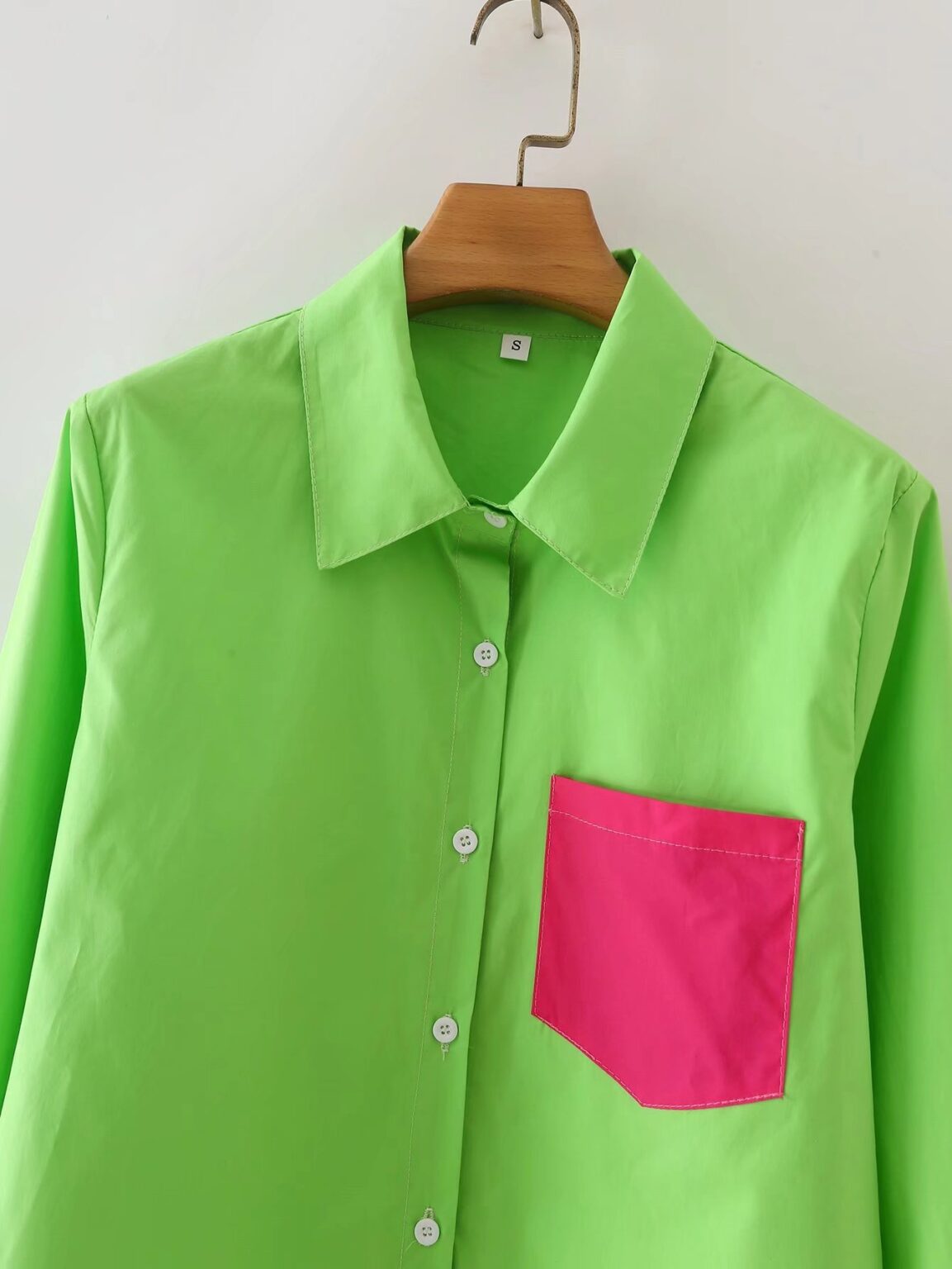 Polo Collar Long Sleeve Single Breasted Color Contrast Patchwork Shirt Top - Image 4