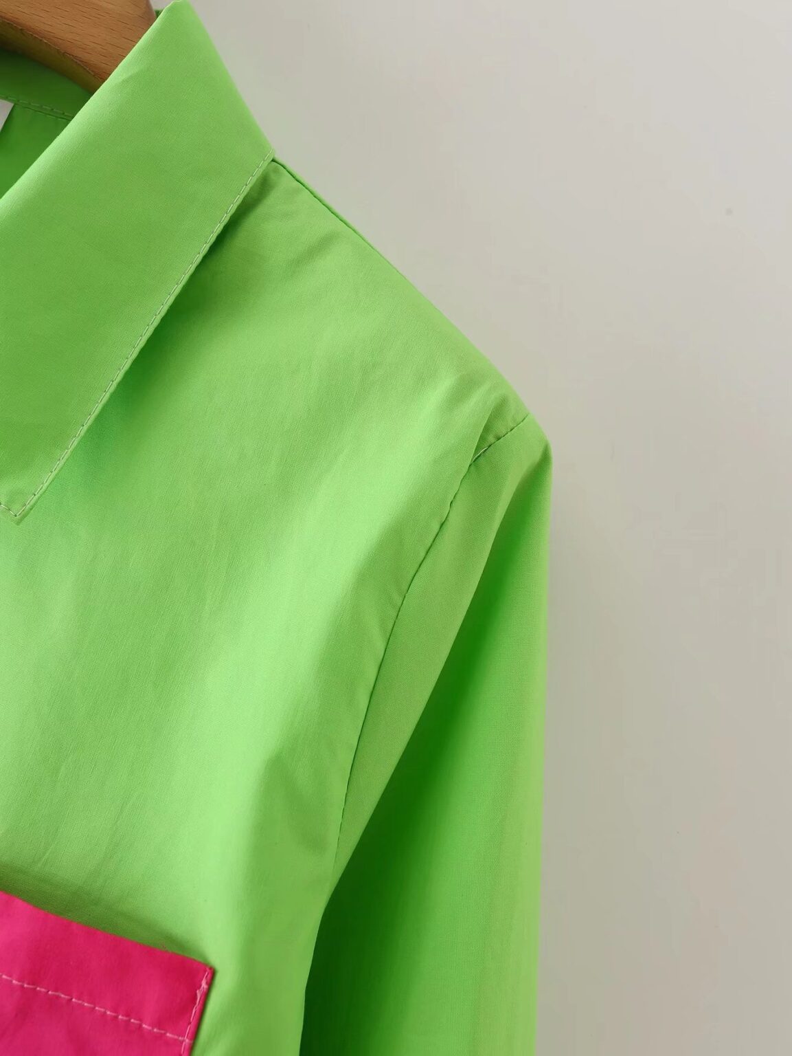 Polo Collar Long Sleeve Single Breasted Color Contrast Patchwork Shirt Top - Image 5