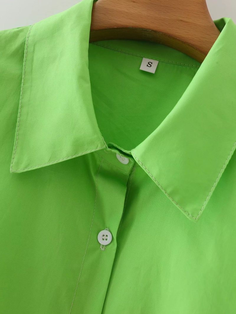 Polo Collar Long Sleeve Single Breasted Color Contrast Patchwork Shirt Top - Image 6