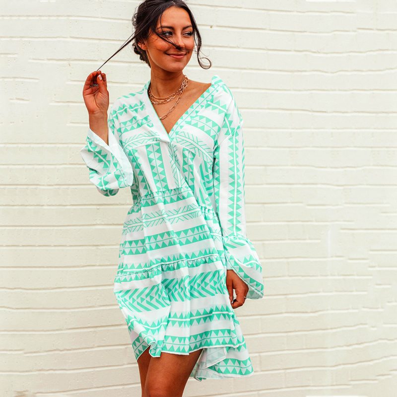 Bohemian Women Clothes V-neck Printed Babydoll Dress Loose  Multi-Color