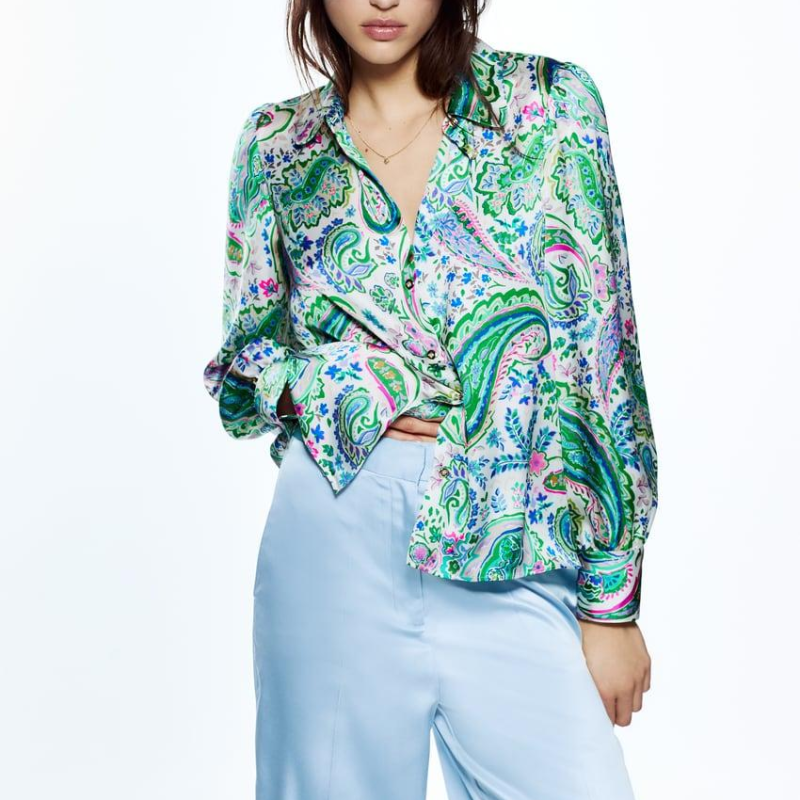 Spring Retro Collared Long Sleeve Single-Breasted Green Printing Shirt Female