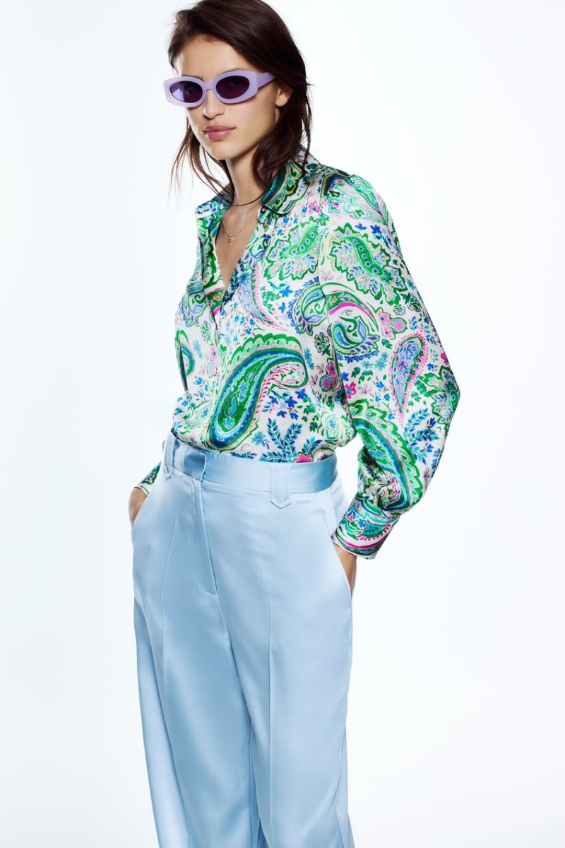 Spring Retro Collared Long Sleeve Single-Breasted Green Printing Shirt Female - Image 5