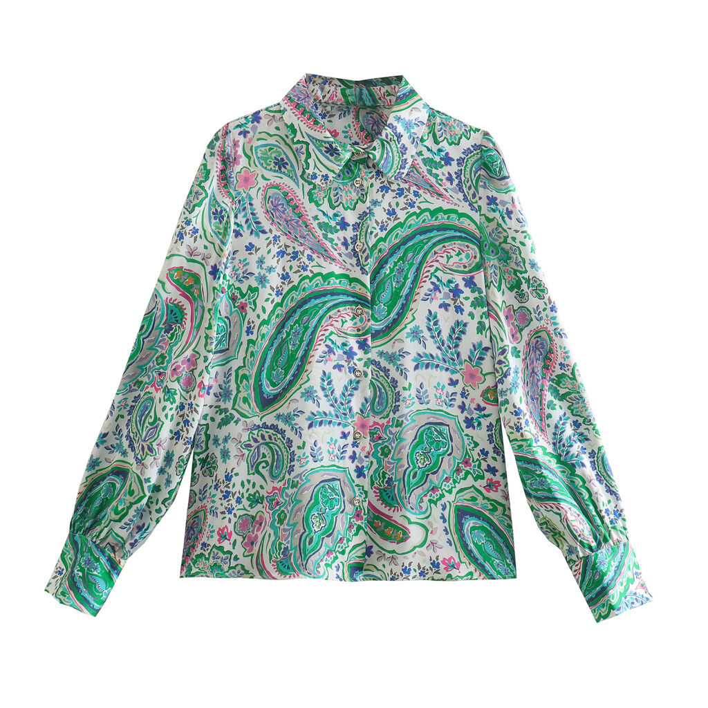 Spring Retro Collared Long Sleeve Single-Breasted Green Printing Shirt Female - Image 6