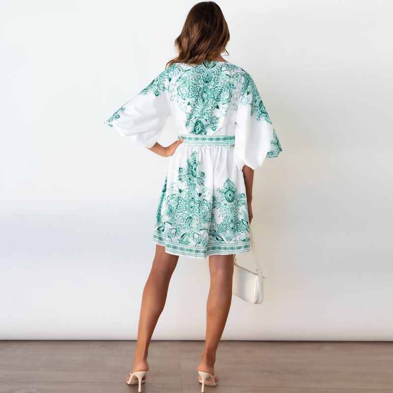 Women Clothing  Lantern Sleeve Summer Retro Printed V-neck Short Dress for - Image 4