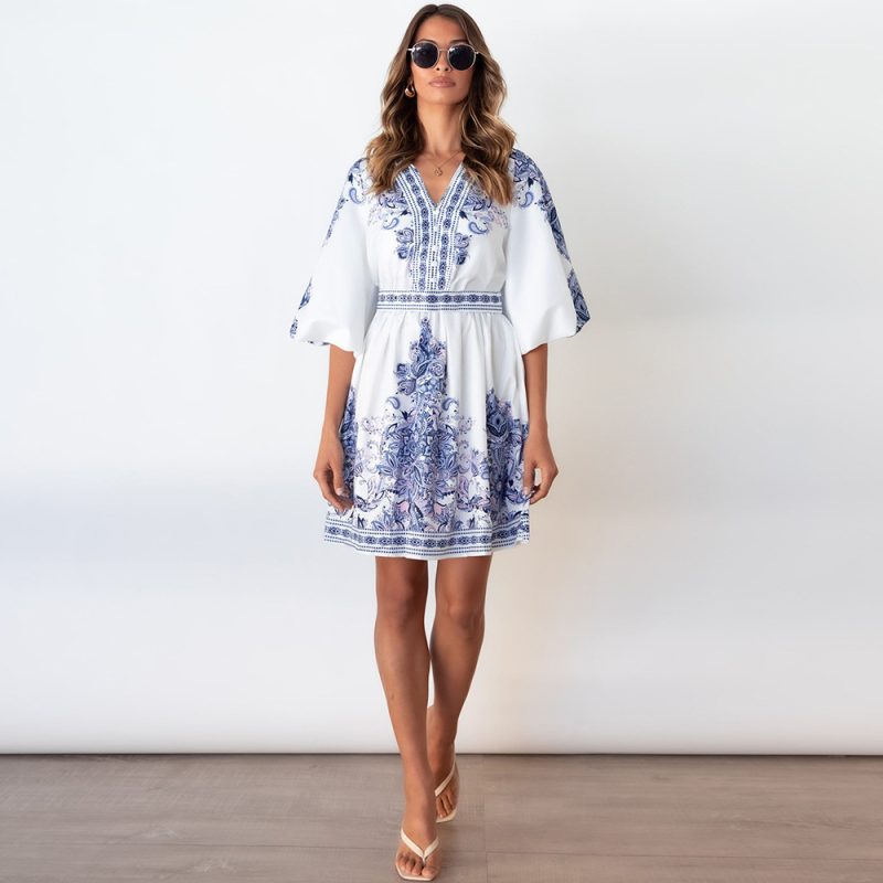 Women Clothing  Lantern Sleeve Summer Retro Printed V-neck Short Dress for - Image 5