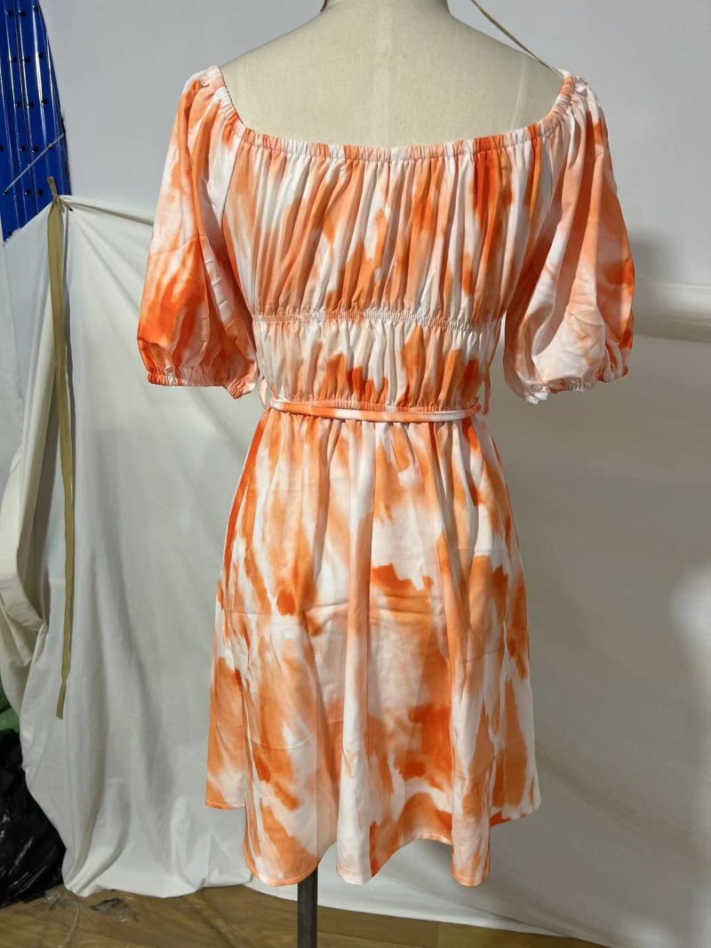 Women Clothing Summer off-Shoulder Lantern Sleeve Short Irregular Asymmetric Hem Dress Abstract Floral - Image 6