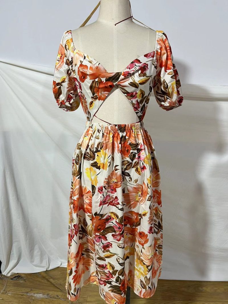 Women Clothing Spring Summer Elegant Sexy V-neck Short Sleeve Backless Print Dress for Women Floral Burst - Image 6