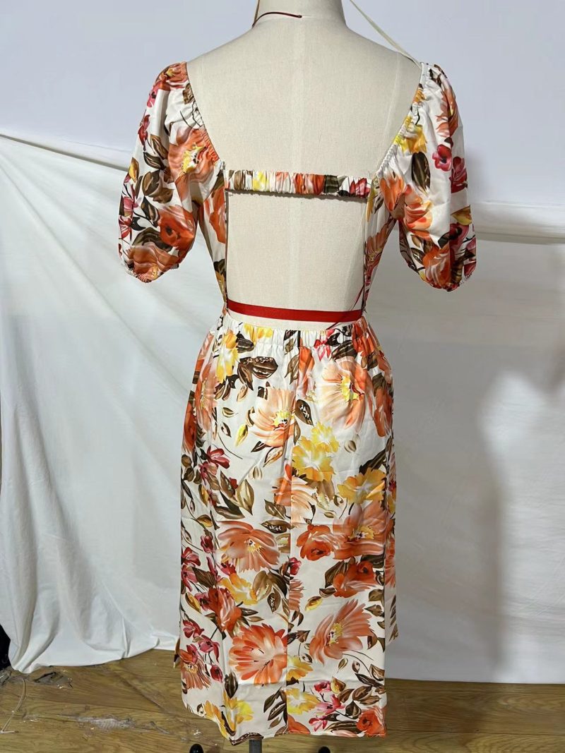 Women Clothing Spring Summer Elegant Sexy V-neck Short Sleeve Backless Print Dress for Women Floral Burst - Image 7