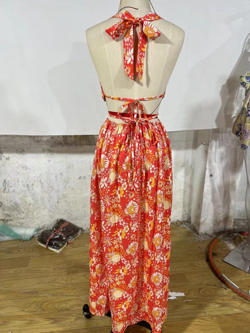 Women V-neck Printing Slip Dress Sexy Split Maxi Dress - Image 6