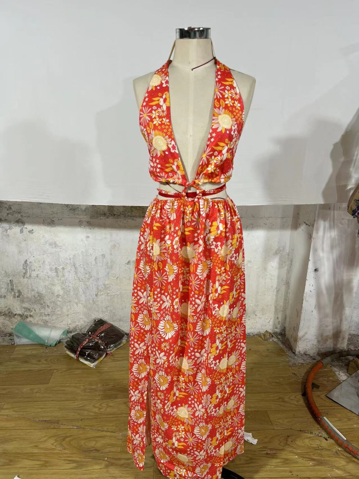 Women V-neck Printing Slip Dress Sexy Split Maxi Dress - Image 7