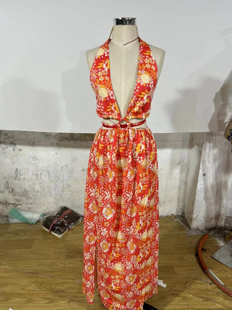 Women V-neck Printing Slip Dress Sexy Split Maxi Dress - Image 7