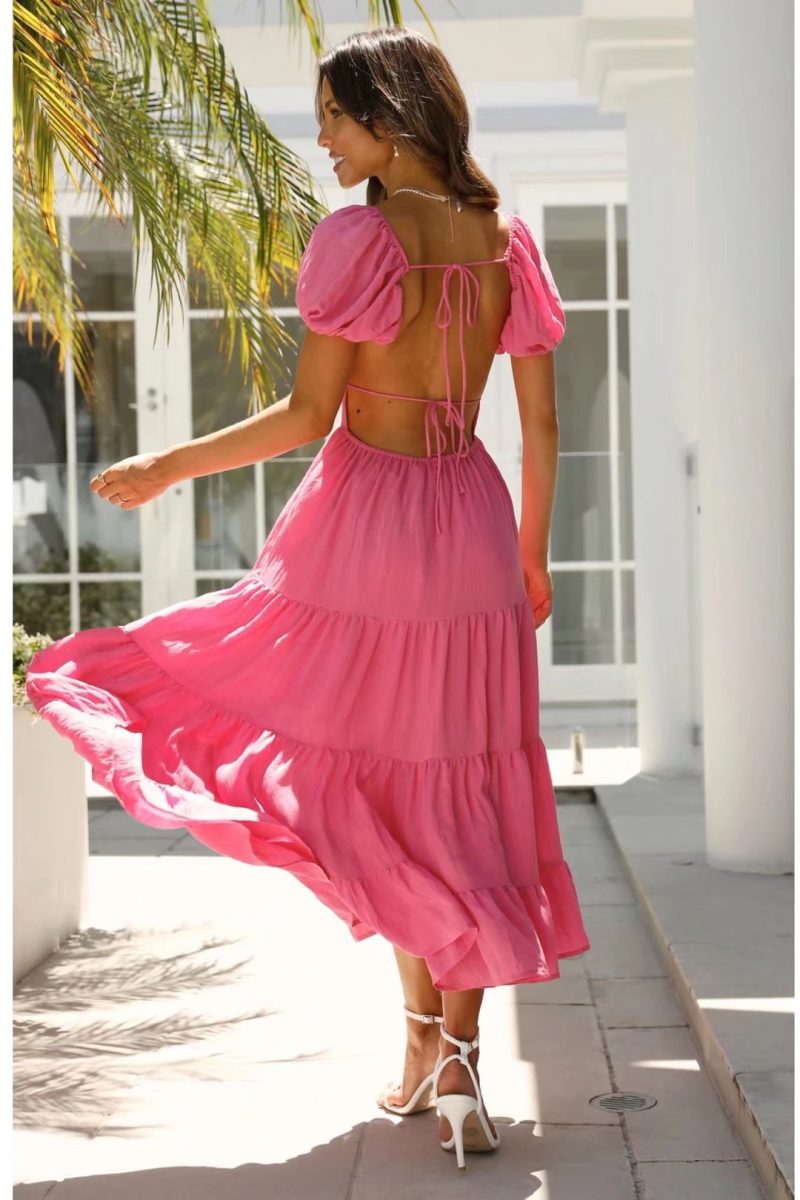 Summer New Elegant Simple round Neck Puff Short Sleeve Bare Back Lace-up Dress for Women - Image 2