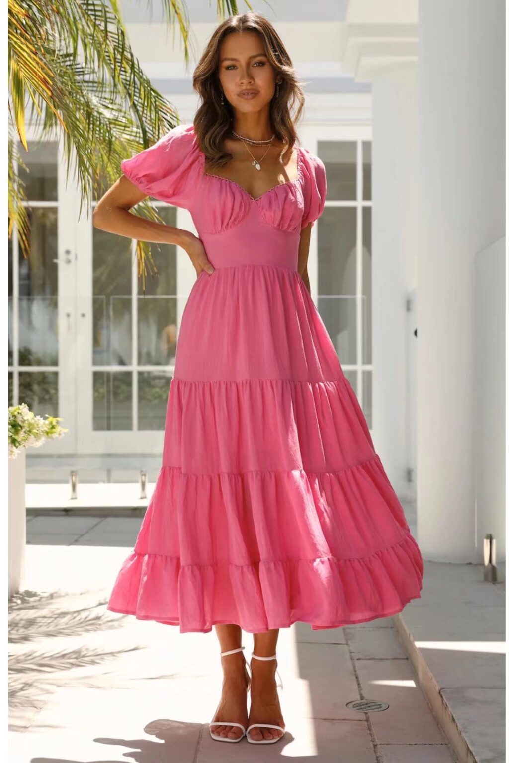 Summer New Elegant Simple round Neck Puff Short Sleeve Bare Back Lace-up Dress for Women - Image 4
