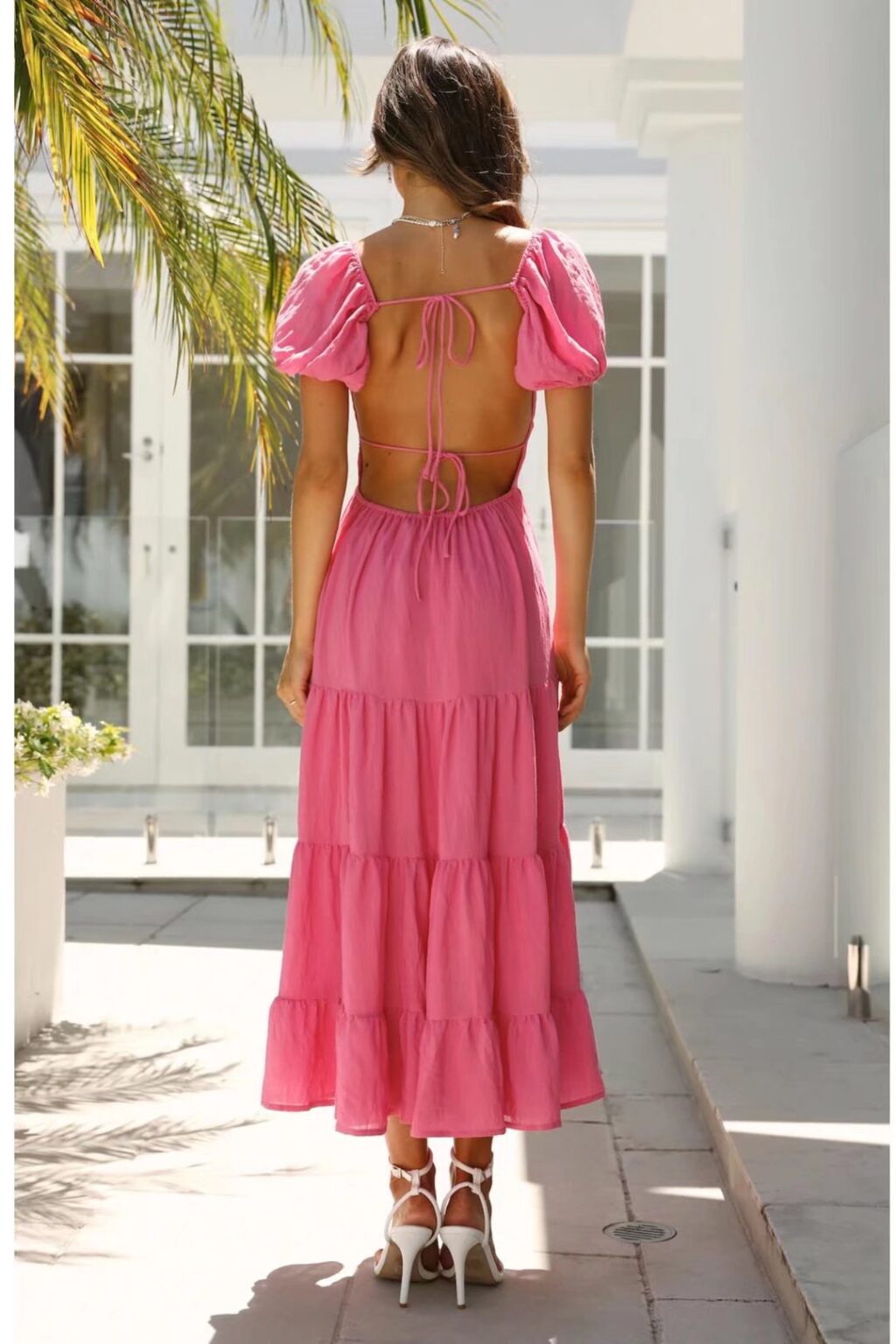 Summer New Elegant Simple round Neck Puff Short Sleeve Bare Back Lace-up Dress for Women - Image 3