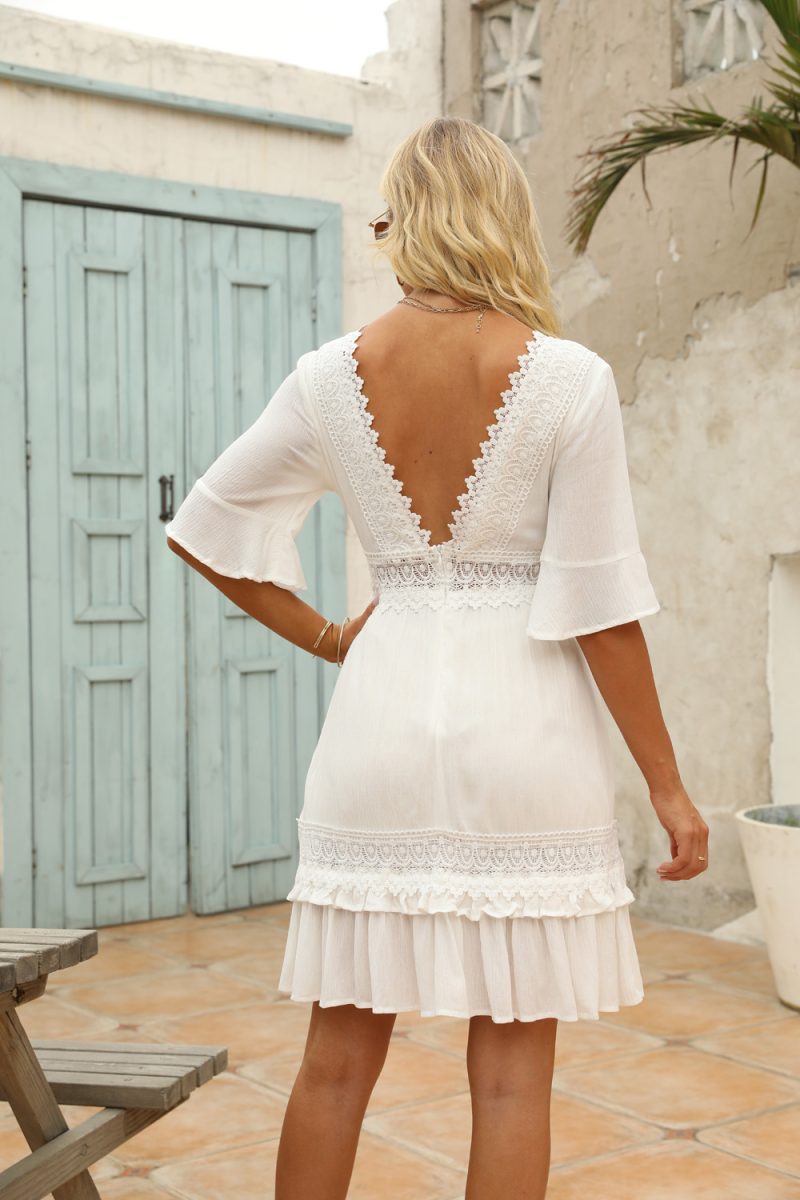 V Collar Short Sleeve Lace Dress - Image 6