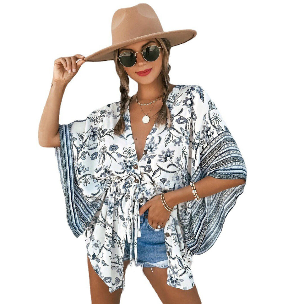 Women Clothing New Mid-Length Top Printed V-neck  Chiffon Casual Short Skirt - Image 5