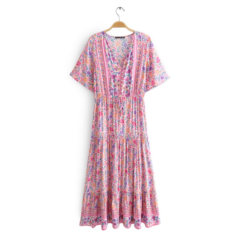 Spring Women Short Sleeve V neck Printing Rayon Dress - Image 2