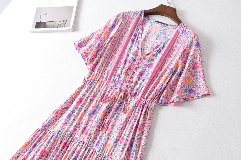Spring Women Short Sleeve V neck Printing Rayon Dress - Image 4