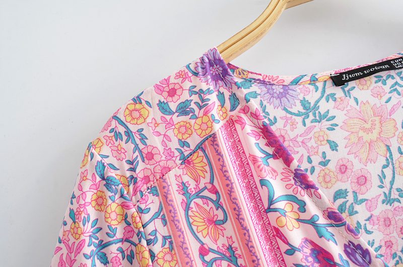 Spring Women Short Sleeve V neck Printing Rayon Dress - Image 5