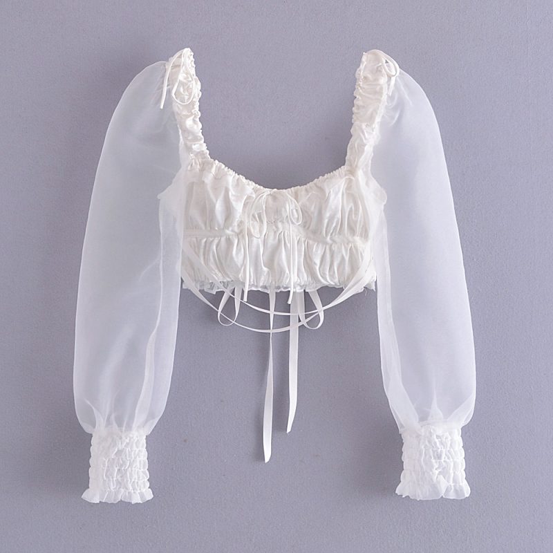 Ribbon Lace-up Organza Sleeves Jacquard Shirt Spring Solid Color Square Collar Long Sleeve Shirt - Image 2