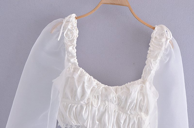 Ribbon Lace-up Organza Sleeves Jacquard Shirt Spring Solid Color Square Collar Long Sleeve Shirt - Image 3