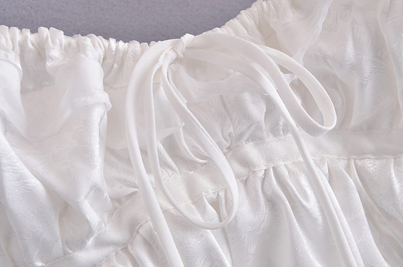 Ribbon Lace-up Organza Sleeves Jacquard Shirt Spring Solid Color Square Collar Long Sleeve Shirt - Image 4