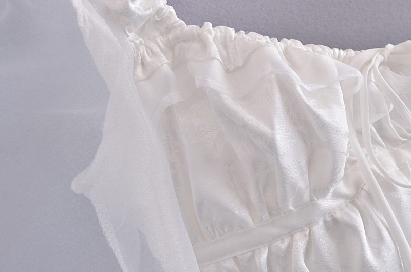 Ribbon Lace-up Organza Sleeves Jacquard Shirt Spring Solid Color Square Collar Long Sleeve Shirt - Image 6