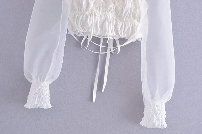 Ribbon Lace-up Organza Sleeves Jacquard Shirt Spring Solid Color Square Collar Long Sleeve Shirt - Image 7