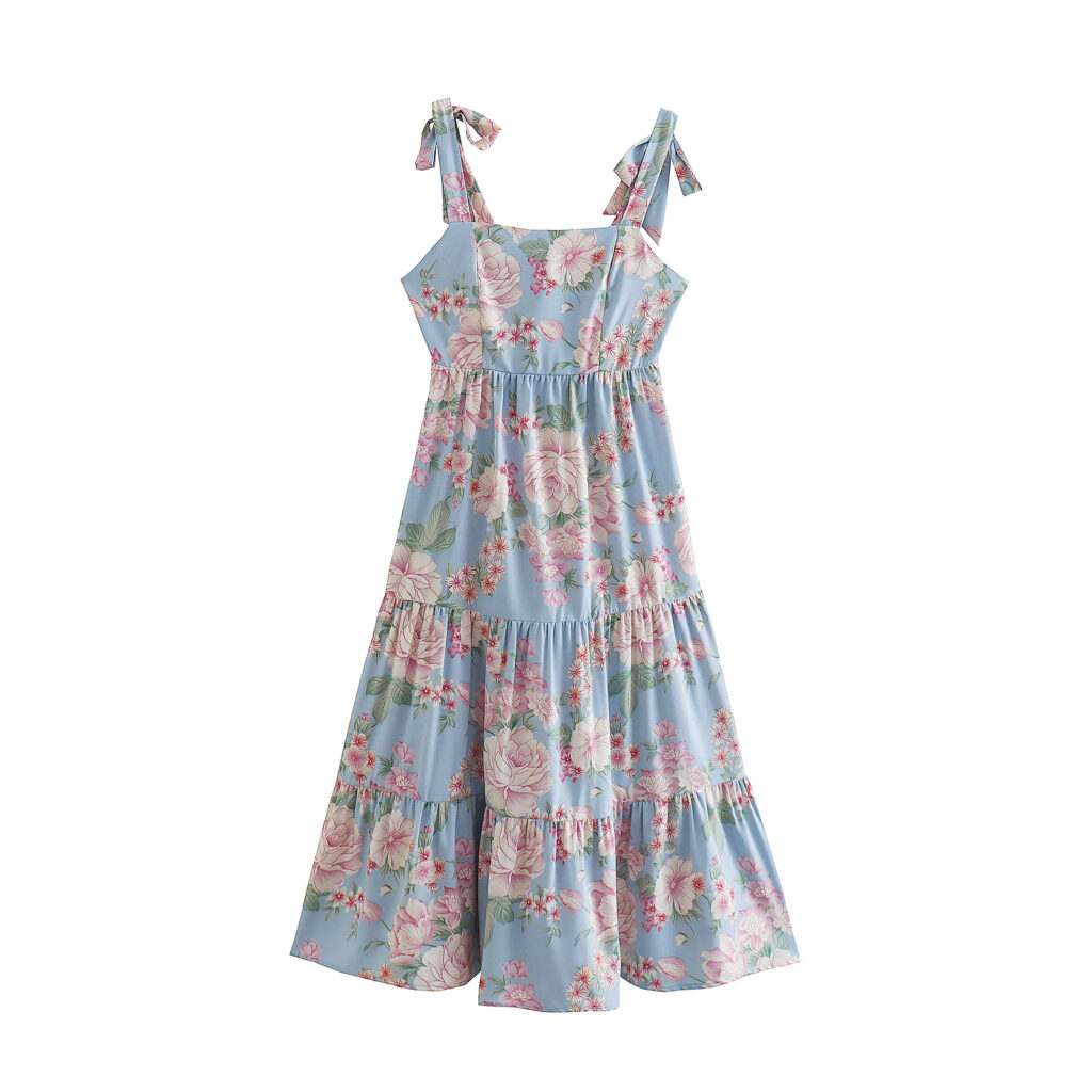 Sundress Early Spring Sweet Lovely Lace Printing Back Tie Dress Shoulder Bow Tie Strap - Image 5