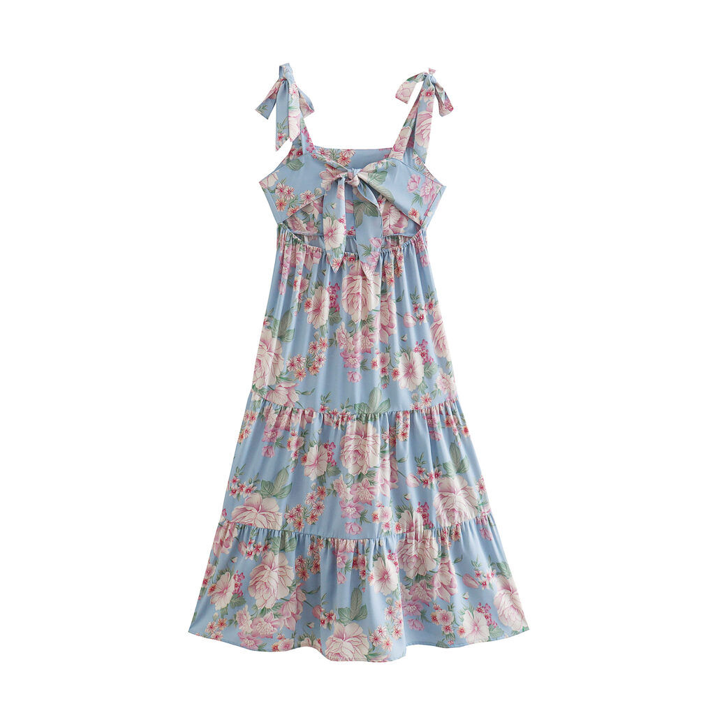 Sundress Early Spring Sweet Lovely Lace Printing Back Tie Dress Shoulder Bow Tie Strap - Image 6