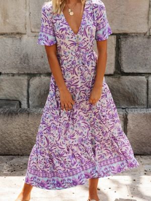 Women Clothing  Purple Printed Retro Vacation Dress Waist-Controlled Lace up V neck Bohemian Maxi Dress