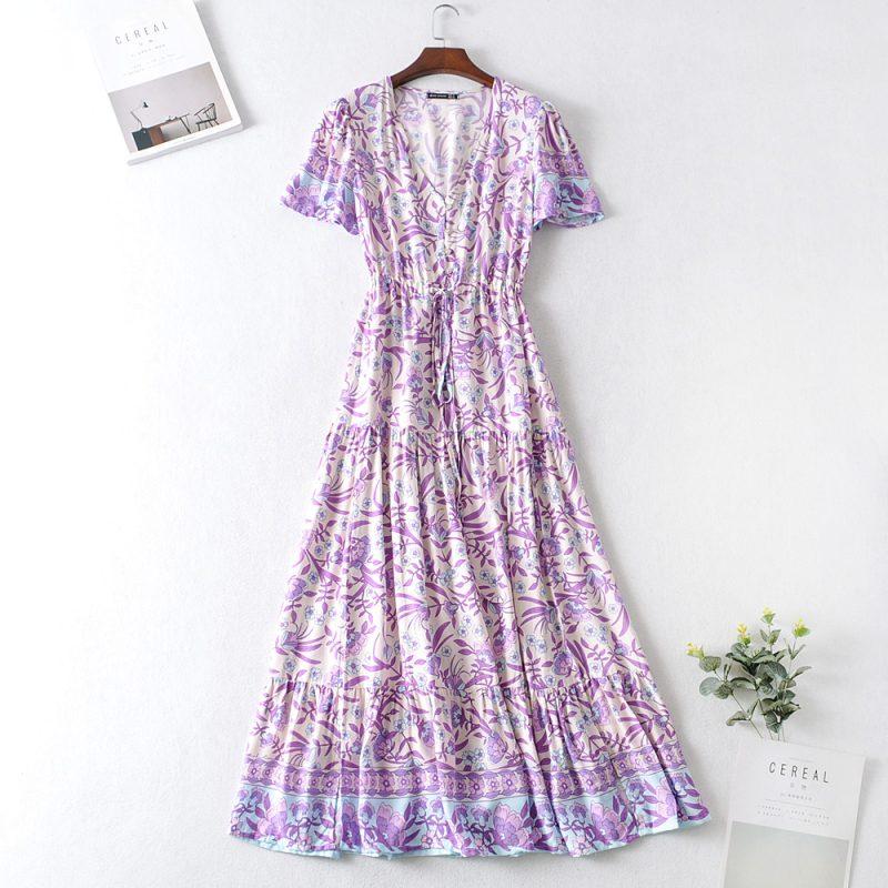 Women Clothing  Purple Printed Retro Vacation Dress Waist-Controlled Lace up V neck Bohemian Maxi Dress - Image 6