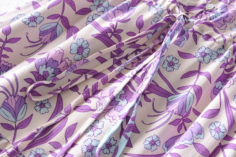 Women Clothing  Purple Printed Retro Vacation Dress Waist-Controlled Lace up V neck Bohemian Maxi Dress - Image 3