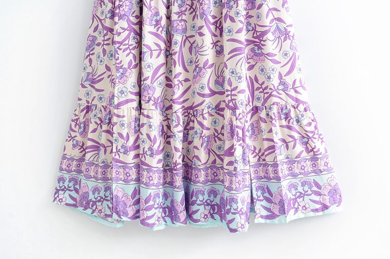 Women Clothing  Purple Printed Retro Vacation Dress Waist-Controlled Lace up V neck Bohemian Maxi Dress - Image 5