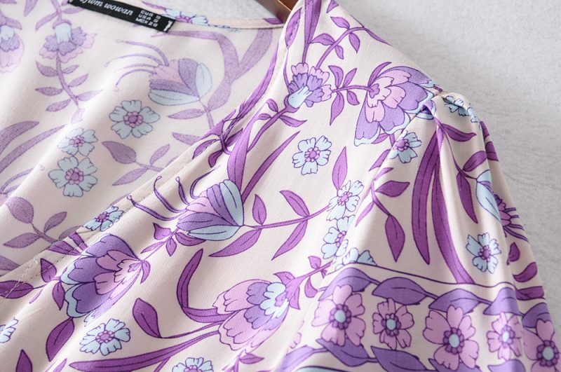 Women Clothing  Purple Printed Retro Vacation Dress Waist-Controlled Lace up V neck Bohemian Maxi Dress - Image 7