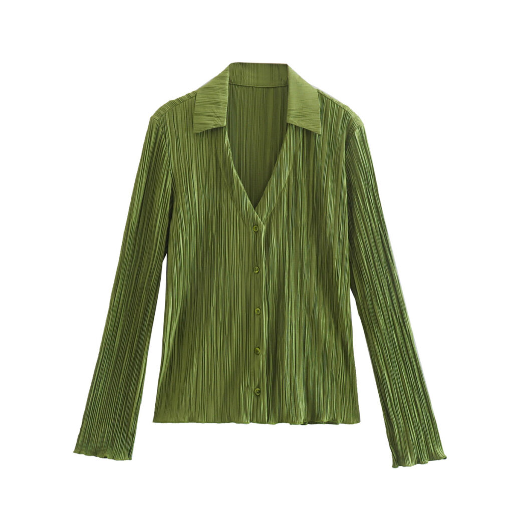 Women Clothing Spring Fine Pleated Satin Slim Long-Sleeved Green Shirt Top textured - Image 2