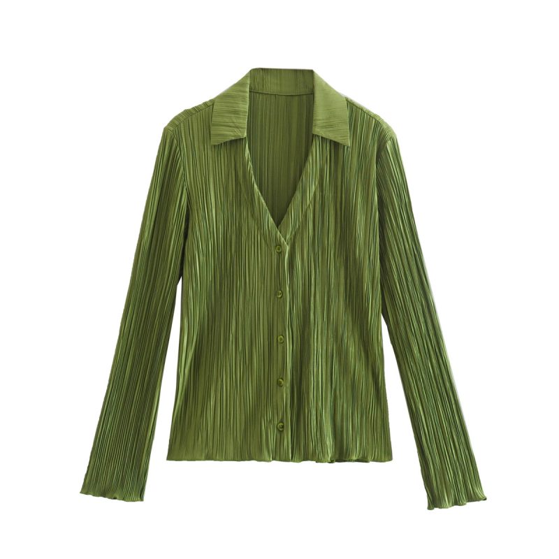 Women Clothing Spring Fine Pleated Satin Slim Long-Sleeved Green Shirt Top textured - Image 2
